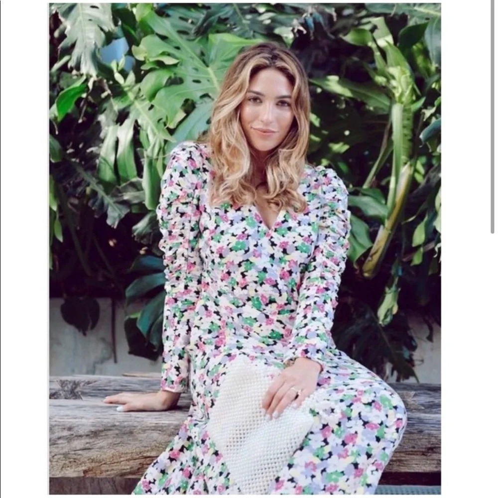 H&M Conscious Floral Print Lyocell-blend Ruched long sleeves Midi Sundress Large - Picture 2 of 15